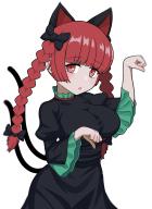 1girl animal_ears black_dress braid cat_ears cat_girl commentary_request dress extra_ears frilled_dress frills highres kaenbyou_rin long_hair long_sleeves open_mouth paw_pose red_eyes red_hair score:2 side_braids simple_background solo touhou twin_braids white_background zawapirori // 1495x2048 // 197KB