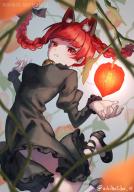 1girl animal_ears aokihatoba_01 bell black_bow black_footwear black_ribbon bow braid breasts cat_ears cat_girl commentary_request dress flats frilled_dress frilled_sleeves frills green_dress hair_bow highres jingle_bell juliet_sleeves jumping kaenbyou_rin leg_ribbon long_hair long_sleeves medium_breasts neck_bell parted_lips puffy_sleeves red_eyes red_hair ribbon score:2 shin_strap solo touhou twin_braids // 1008x1443 // 186KB