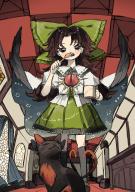 1girl bow brown_eyes brown_hair brushing_teeth cat commission cup full_body green_bow green_skirt hair_bow highres holding holding_cup holding_toothbrush indoors kaenbyou_rin kaenbyou_rin_(cat) kneehighs long_hair looking_at_viewer nekomata neruzou open_mouth reiuji_utsuho score:2 shirt short_sleeves skirt socks standing toothbrush touhou white_shirt // 918x1303 // 1.7MB