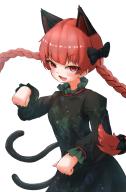1girl absurdres animal_ears black_dress braid cat_ears cat_girl cat_tail commentary_request dress extra_ears highres kaenbyou_rin kamiiiiio long_sleeves multiple_tails open_mouth red_eyes red_hair score:1 side_braids simple_background solo tail touhou twin_braids two_tails white_background // 1971x3000 // 2.4MB