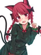 1girl animal_ears black_bow blush bow braid breasts cat_ears cat_girl cat_tail commentary dress green_dress hair_bow highres kaenbyou_rin long_sleeves looking_at_viewer medium_breasts multiple_tails open_mouth red_eyes red_hair rimasu71 score:1 side_braids simple_background solo tail toiuhou touhou twin_braids two_tails white_background // 1440x1920 // 1.1MB