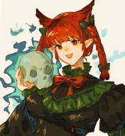1girl :d animal_ears bow bowtie cat_ears cat_girl extra_ears grey_background highres hitodama kaenbyou_rin long_sleeves looking_at_viewer oftooon open_mouth pointy_ears red_bow red_bowtie red_eyes red_hair score:1 simple_background skull smile solo touhou upper_body // 1153x1254 // 200KB