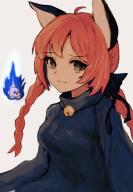 1girl :3 animal_ears bell blue_fire bow braid brown_eyes cat_ears cat_girl commentary_request fire hair_bow highres irumina777 kaenbyou_rin long_hair looking_at_viewer neck_bell orange_hair score:3 skull slit_pupils smile solo touhou twin_braids // 1134x1634 // 150KB