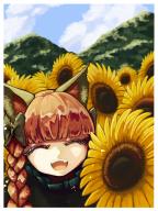 1girl absurdres animal_ears black_bow blue_sky blunt_bangs bow braid cat_ears cat_girl closed_eyes cloud facing_viewer fang field flower flower_field hair_bow highres kaenbyou_rin miso_konbu mountain open_mouth outdoors red_eyes red_hair score:2 side_braid sky solo sunflower touhou upper_body // 1800x2400 // 465KB
