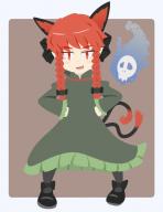 1girl :d animal_ears black_footwear braid cat_ears cat_girl cat_tail chibeany chibi dress fang frilled_dress frills full_body green_dress grey_background hands_on_own_hips highres hitodama juliet_sleeves kaenbyou_rin long_sleeves looking_at_viewer medium_hair multiple_tails open_mouth puffy_sleeves red_eyes red_hair score:1 side_braids simple_background smile solo tail touhou twin_braids two_tails // 929x1200 // 159KB