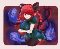 1girl adamadamode animal_ears arms_under_breasts black_bow black_thighhighs bow braid breasts cat_ears cat_girl cat_tail cowboy_shot crossed_arms dress extra_ears green_dress hair_bow hashtag-only_commentary highres hitodama kaenbyou_rin large_breasts medium_hair multiple_tails red_eyes red_hair score:1 short_sleeves side_braids skull solo tail thighhighs touhou twin_braids two_tails // 2048x1690 // 274KB